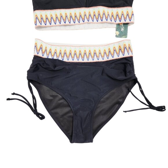 Black High-Waisted Bikini Set With Adjustable Straps & Chevron Accents Size M - Picture 7 of 7